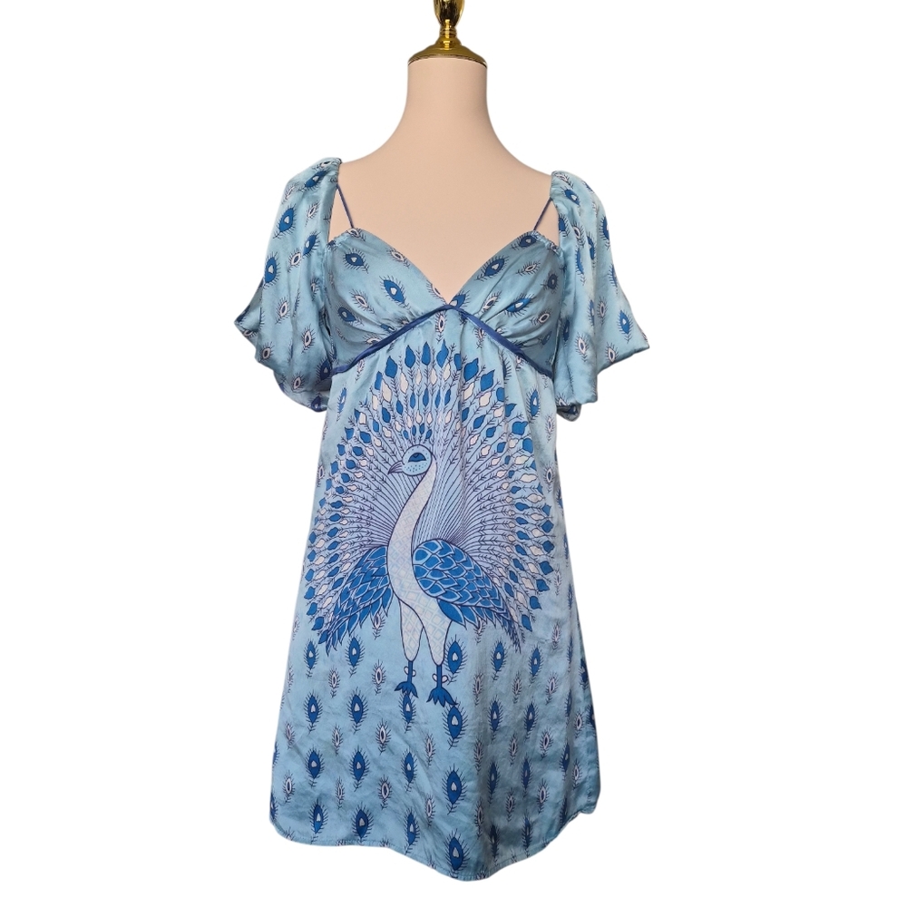 Voom by Joy Han‎ 100% Silk Peacock Dress Size S Blue Puff Sleeve Made USA